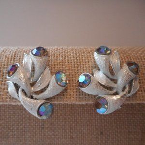 "White Wash Silver Aurora Borealis Clip Earrings "